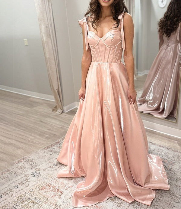 Blush Pink A Line Satin Corset Prom Dress with Bow Straps
