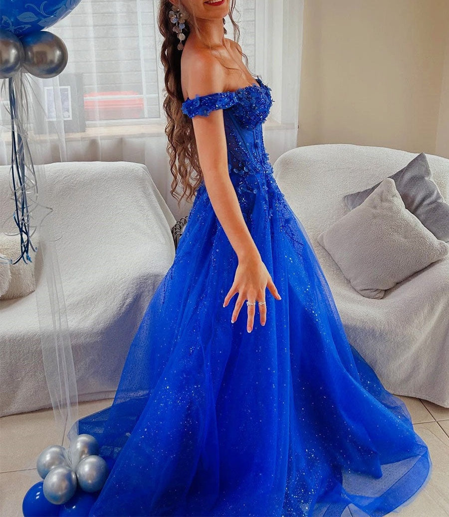 Royal Blue Glitter Off The Shoulder Corset Prom Dress