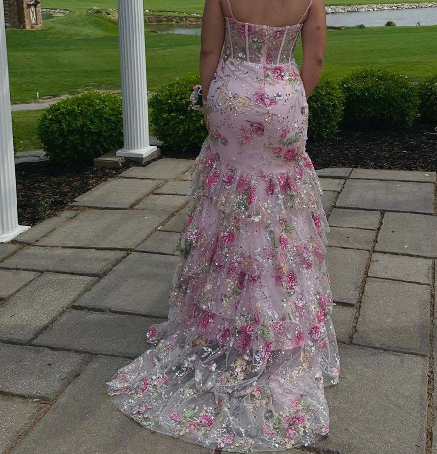 Pink Floral Embroidered Corset Prom Dress with Ruffled Tiers