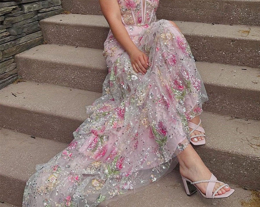 Pink Floral Embroidered Corset Prom Dress with Ruffled Tiers
