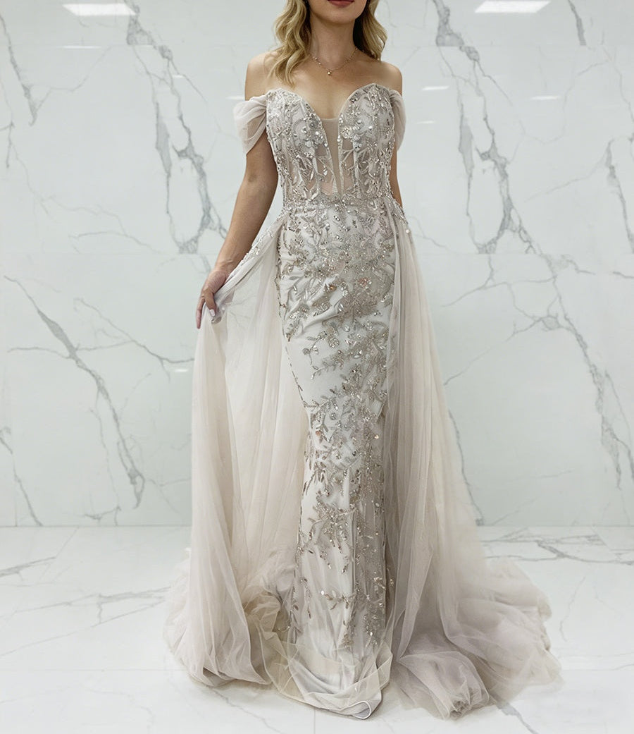 Luxurious Champagne Beaded Off-the-Shoulder Prom Dress with Tulle Train