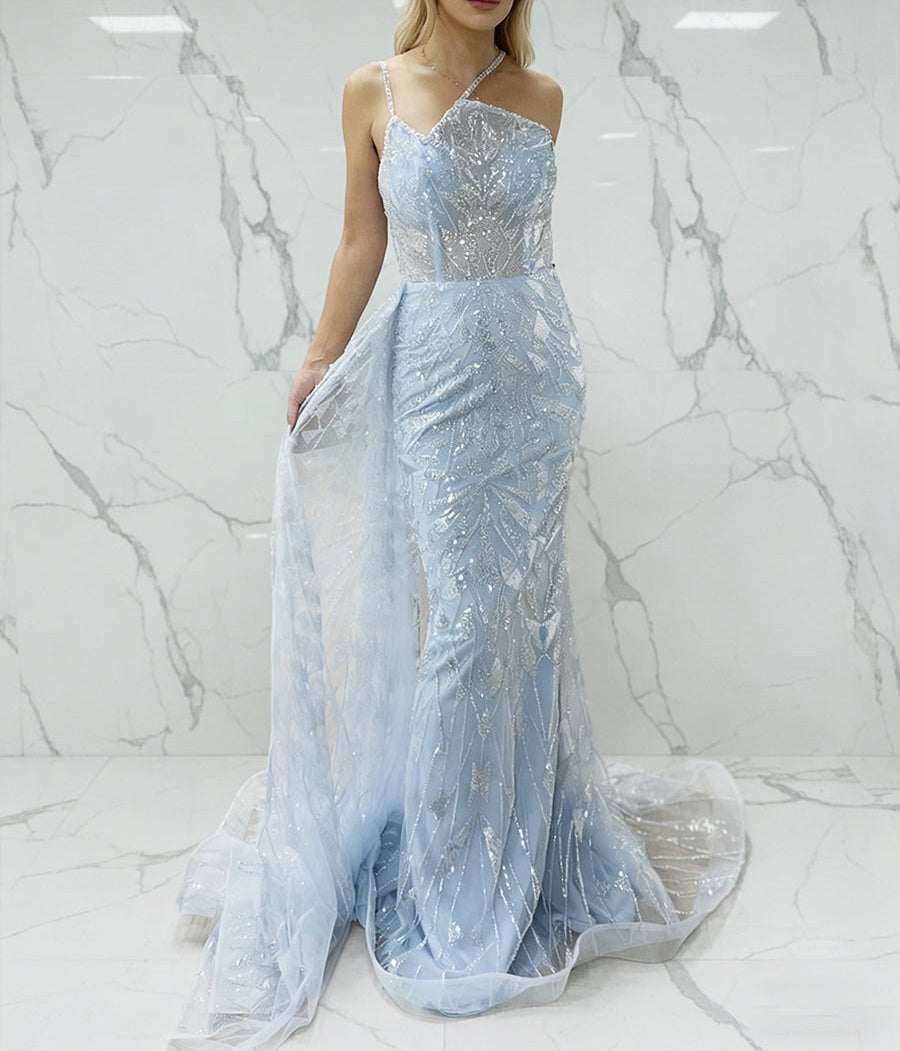 Ice Blue Geometric Beaded Prom Dress with Tulle Overskirt