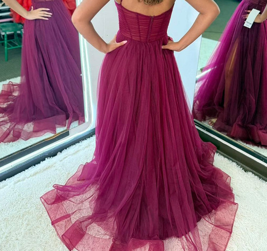Burgundy Tulle Corset A-Line Long Prom Dress with High Slit