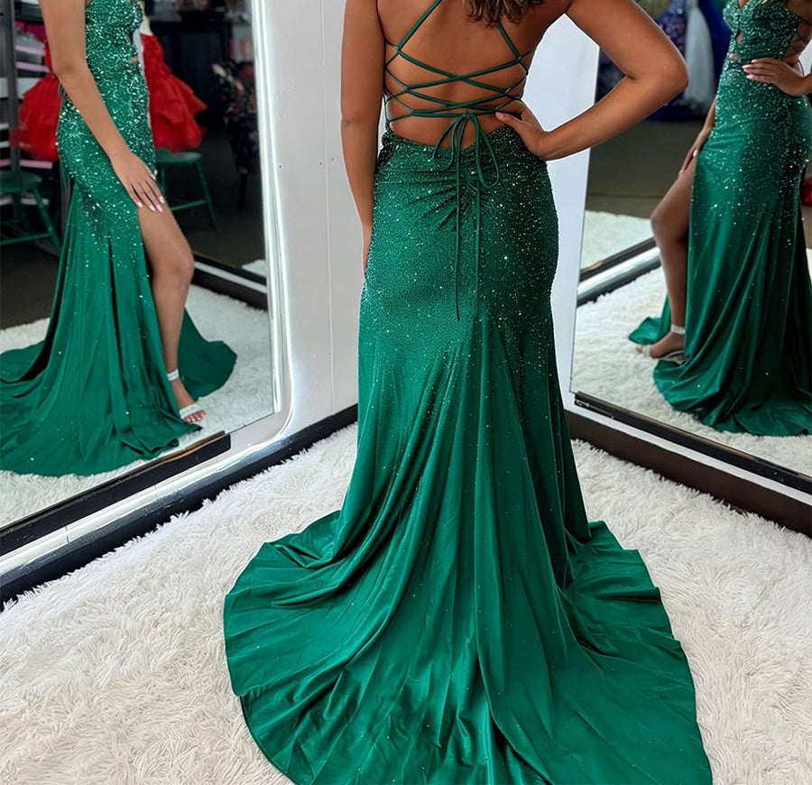Glamorous Emerald Green Cutout Shimmer Prom Dress with Slit