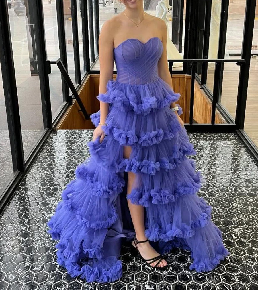 Purple Strapless Tiered Ruffle Corset Prom Dress with Slit