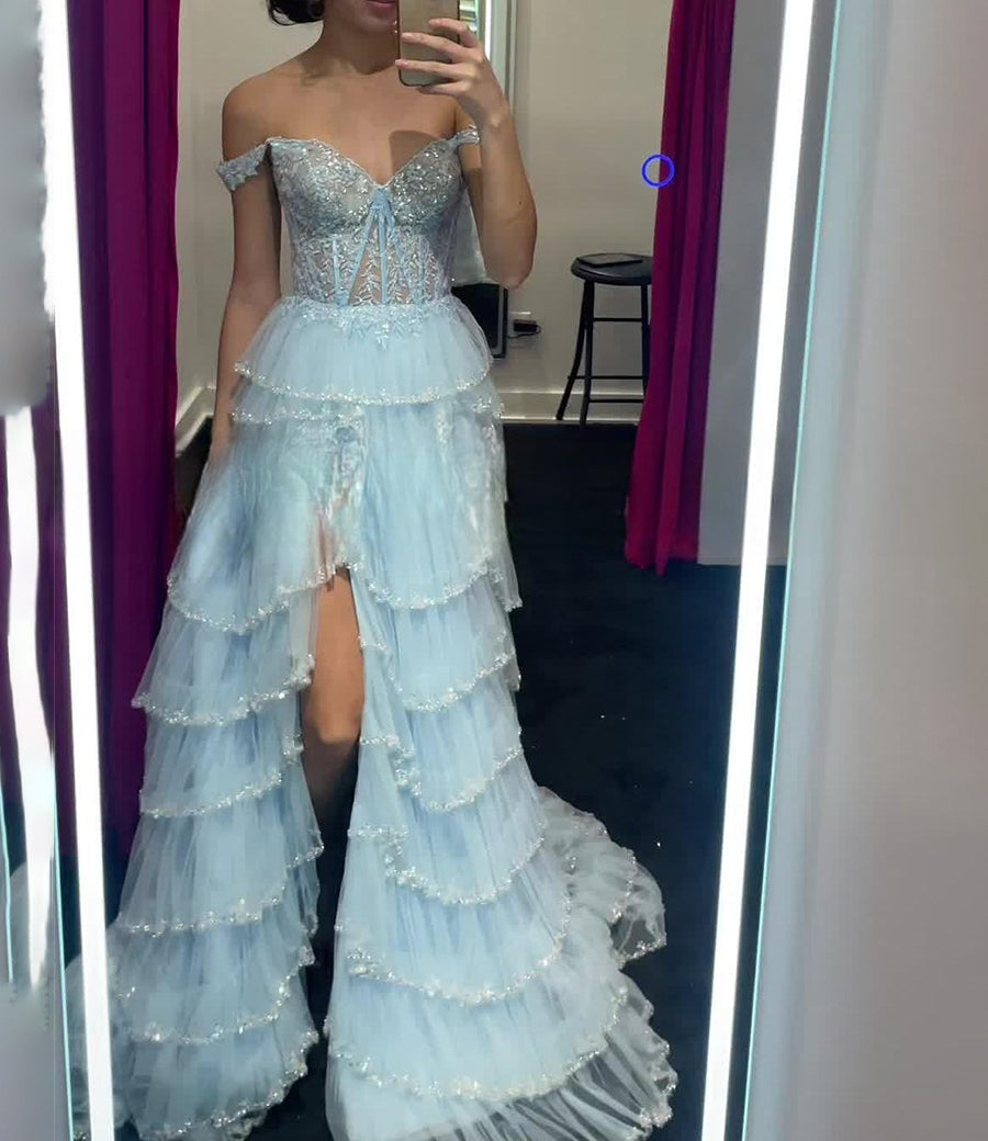 Glamorous Champagne Beaded Tiered Ruffle Corset Prom Dress with Slit