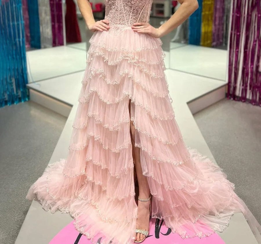 Glamorous Champagne Beaded Tiered Ruffle Corset Prom Dress with Slit