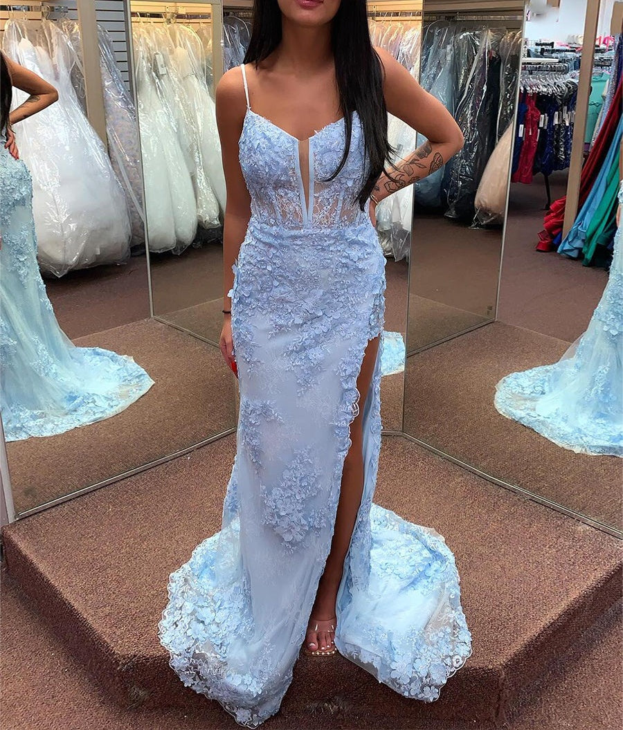 Light Blue 3D Floral Lace Long Corset Prom Dress with Slit