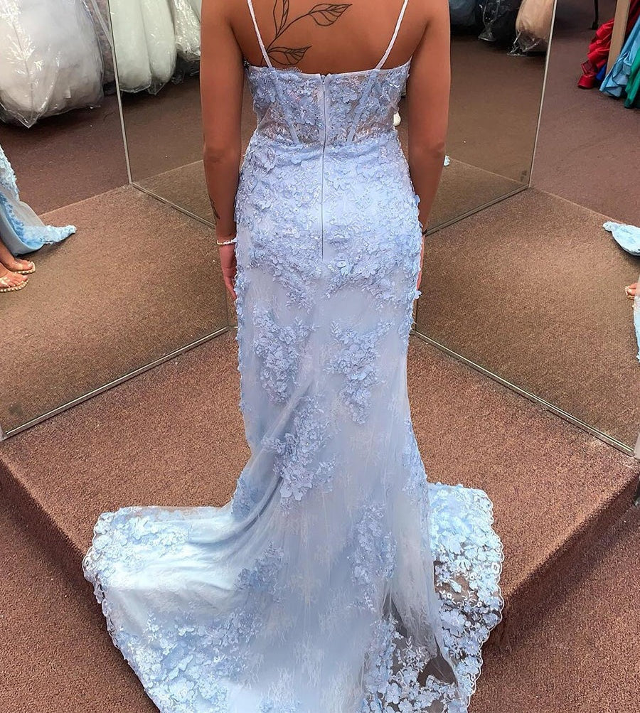 Light Blue 3D Floral Lace Long Corset Prom Dress with Slit