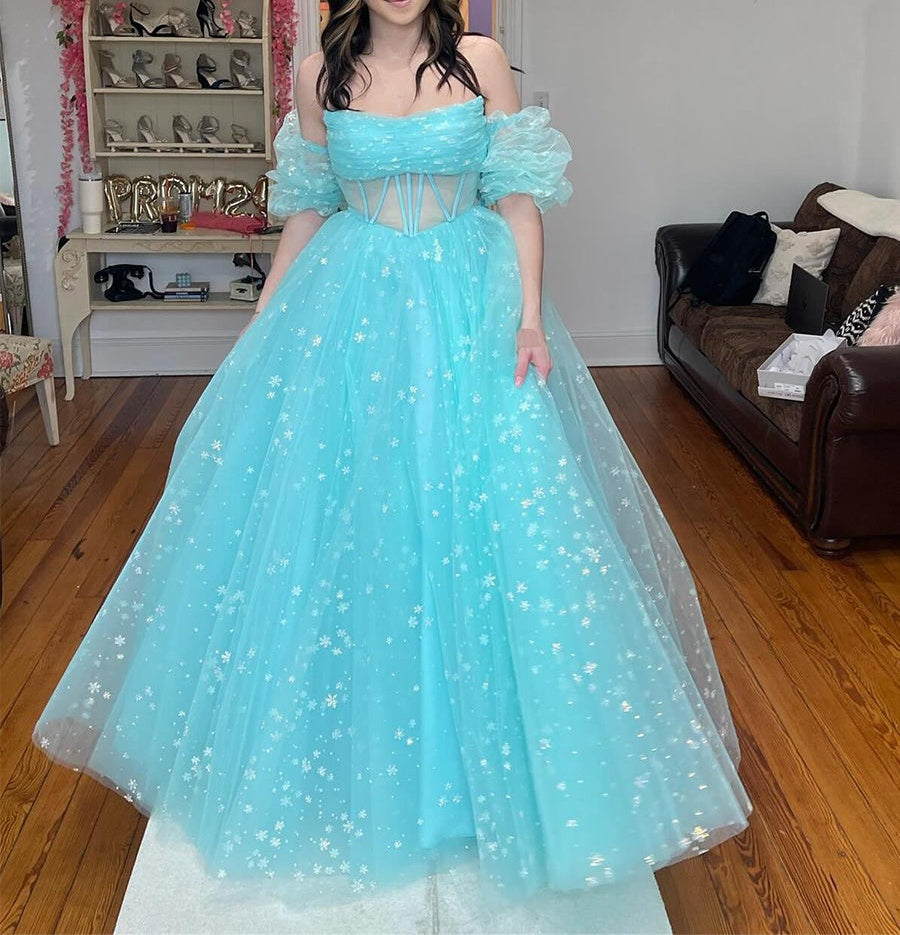 Pink Star Tulle Strapless Puff Sleeves Corset Prom Dress