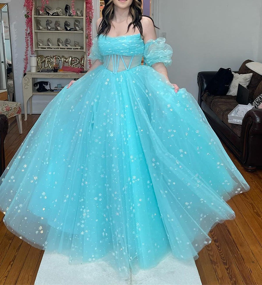 Pink Star Tulle Strapless Puff Sleeves Corset Prom Dress