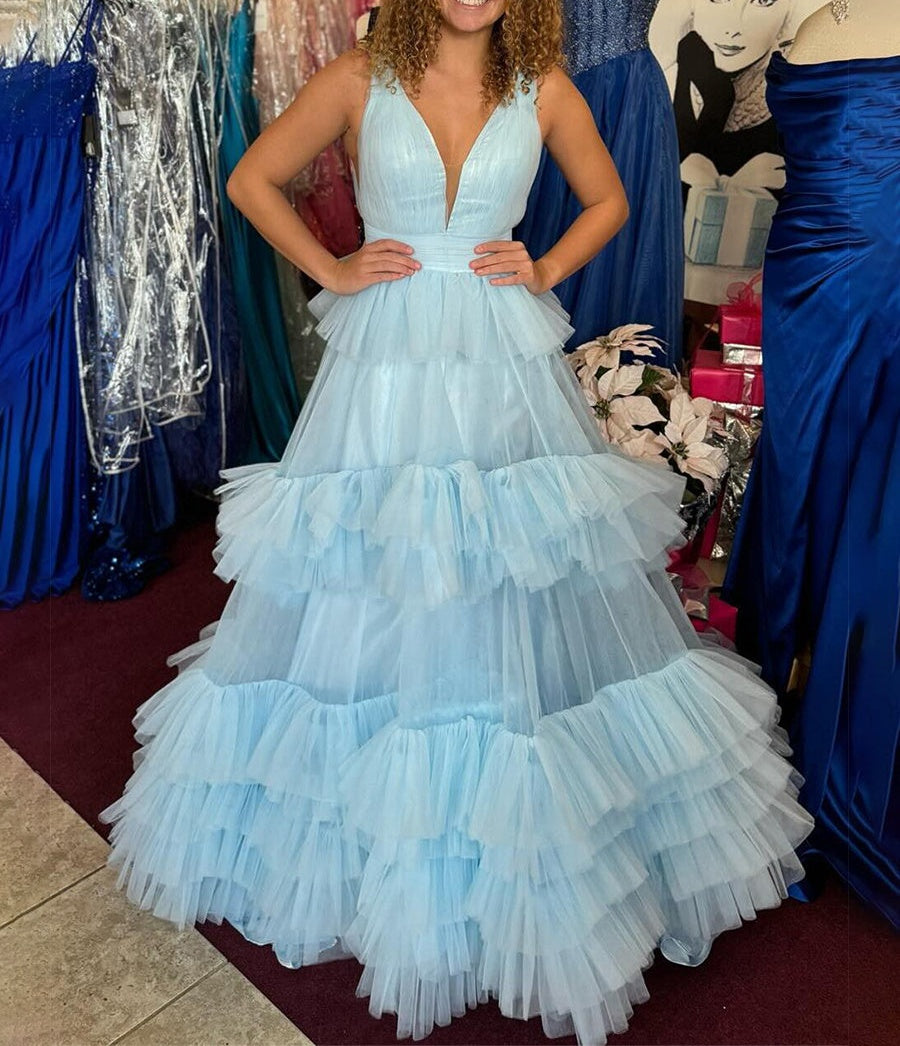 Light Blue A Line Tiered Ruffle Tulle Long Prom Dress