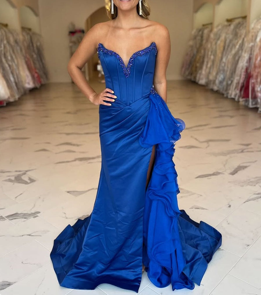Royal Blue Strapless Satin Ruffled Long Corset Prom Dress with Slit