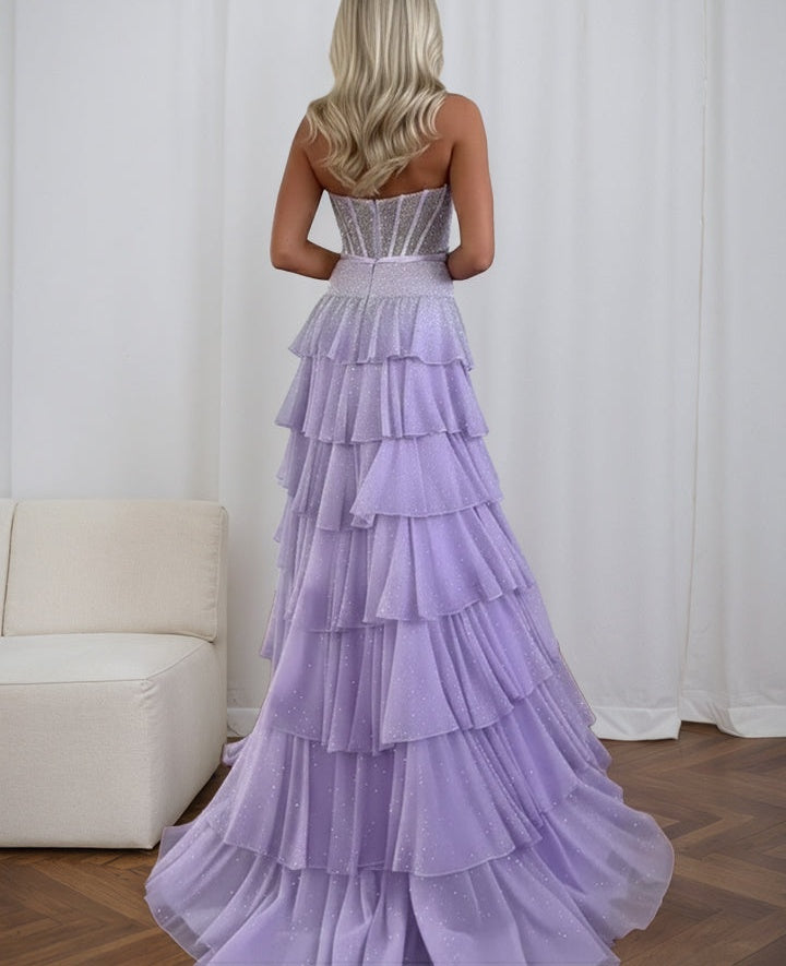 Sparkly Lilac Strapless Tiered Ruffle Corset Prom Dress with Slit