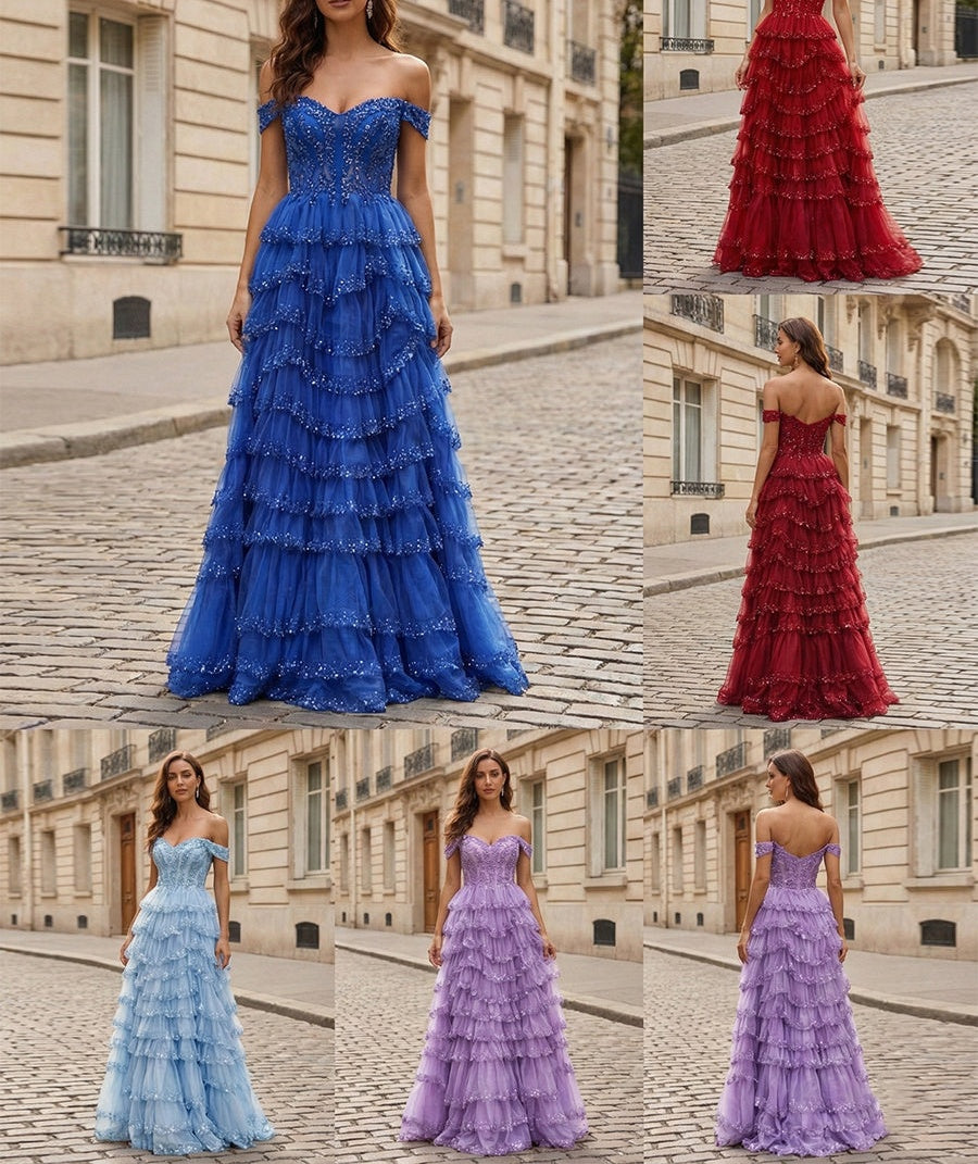 Sparkling Royal Blue Off The Shoulder Tiered Ruffle Corset Prom Dress with Slit