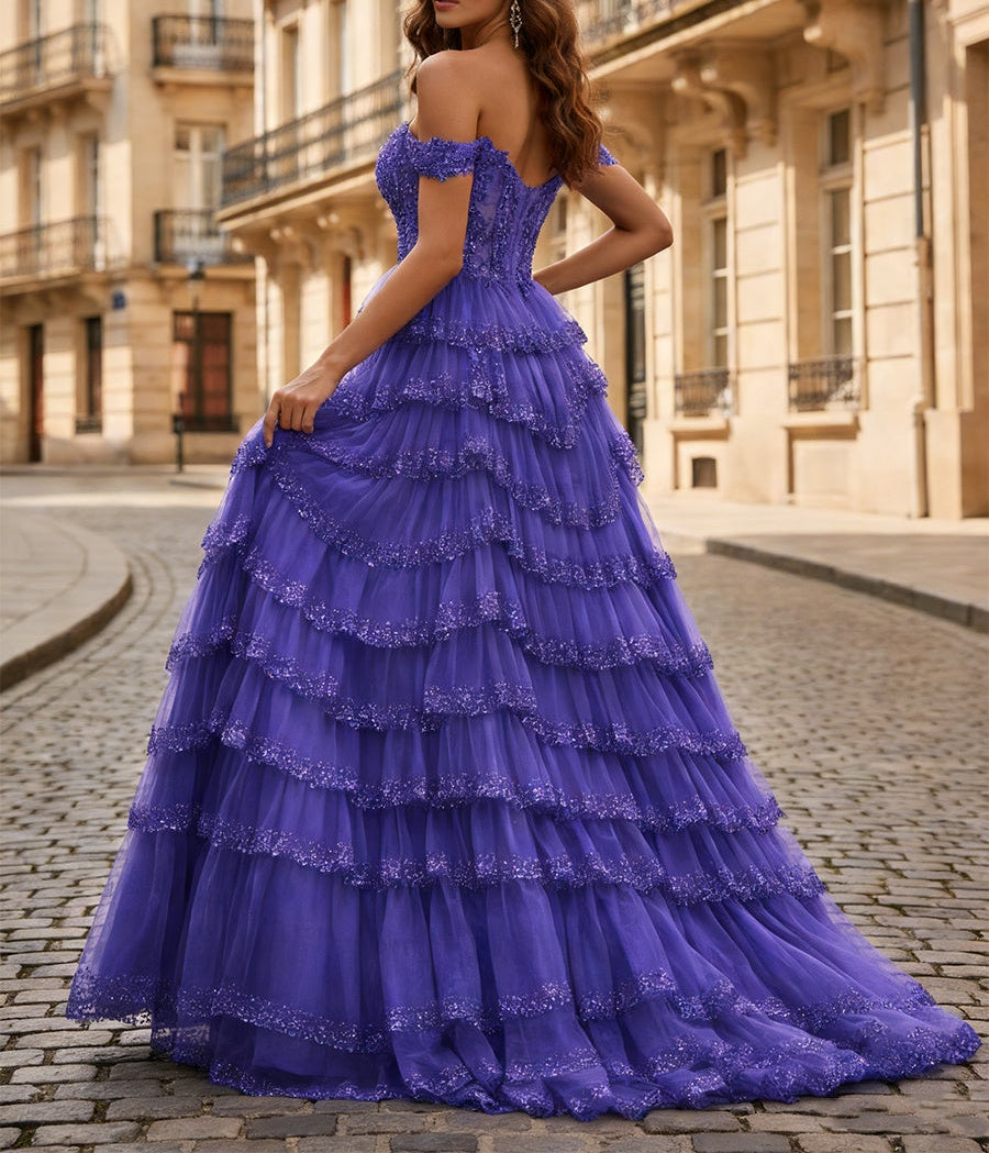 Sparkling Royal Blue Off The Shoulder Tiered Ruffle Corset Prom Dress with Slit