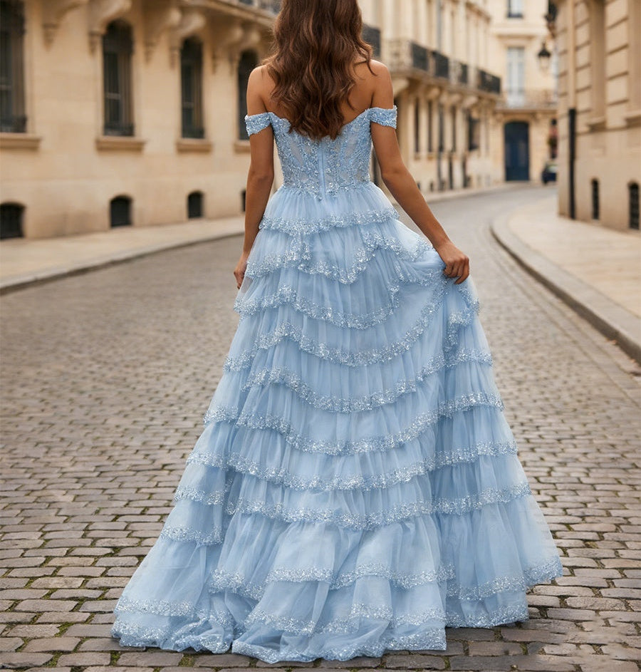 Sparkling Royal Blue Off The Shoulder Tiered Ruffle Corset Prom Dress with Slit