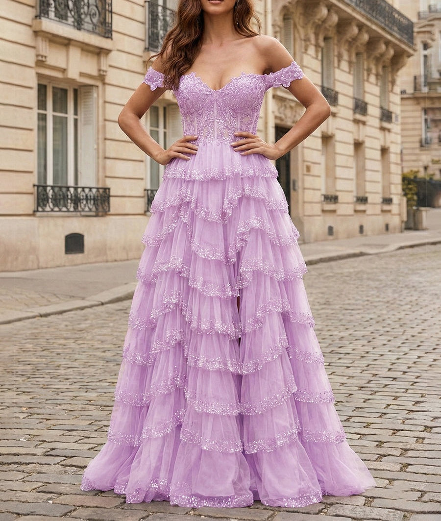 Sparkling Royal Blue Off The Shoulder Tiered Ruffle Corset Prom Dress with Slit