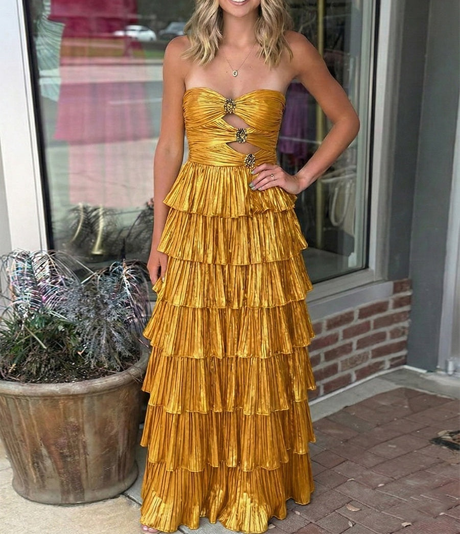 Glamorous Black Strapless Tiered Pleated Cutout Long Prom Dress
