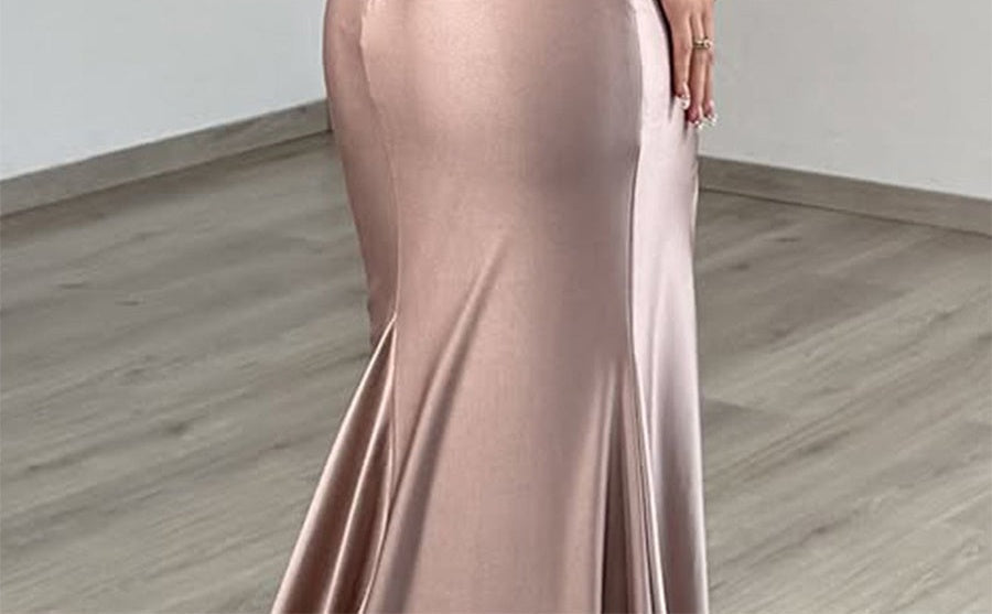 Taupe Strapless Satin Cutout Prom Dress with Crystal Detail