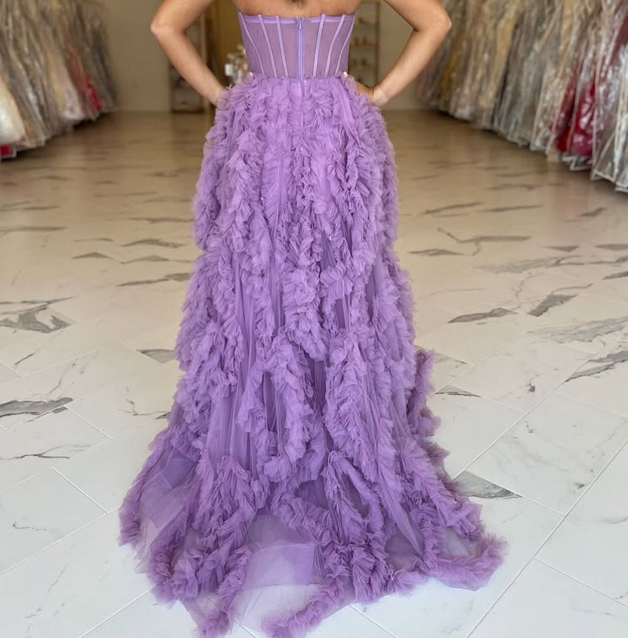 Lavender Strapless Tulle Ruffled Corset Prom Dress with Slit