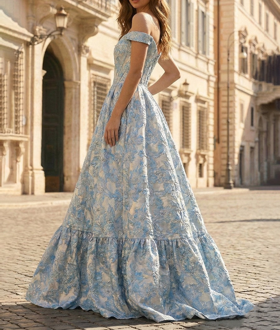 Blue Floral Jacquard Off-the-Shoulder Corset Prom Dress