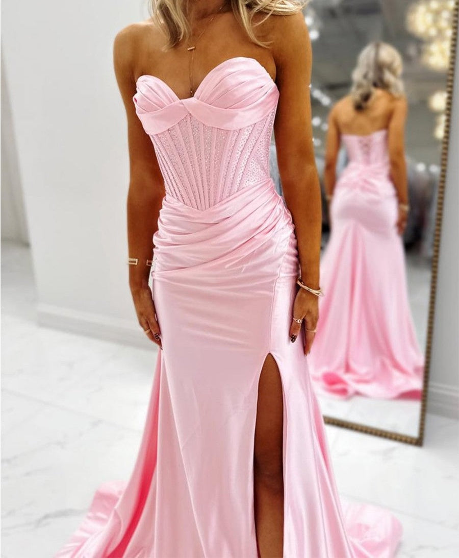 Light Blue Strapless Beaded Corset Satin Prom Dress with Slit