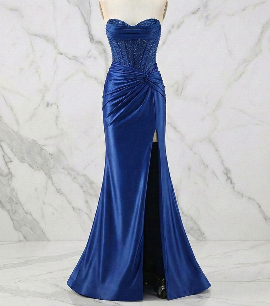 Glamorous Strapless Beaded Corset Satin Prom Dress with Slit