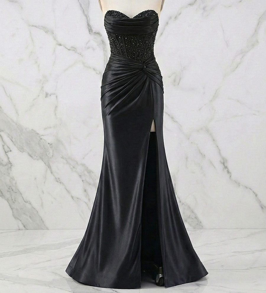 Glamorous Strapless Beaded Corset Satin Prom Dress with Slit
