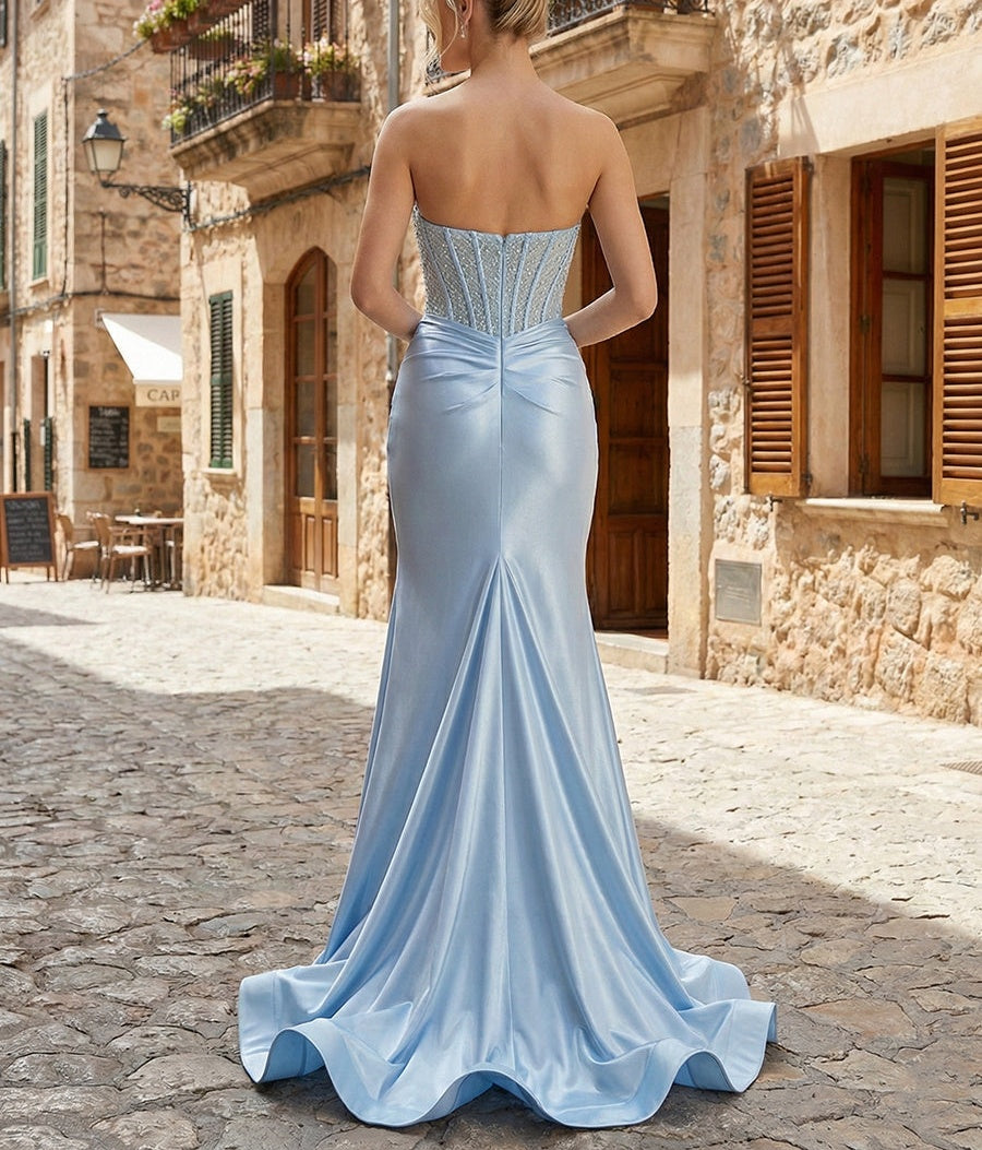 Glamorous Strapless Beaded Corset Satin Prom Dress with Slit