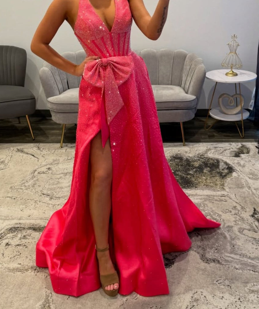 Sparkling Pink Halter Corset Prom Dress with Bow