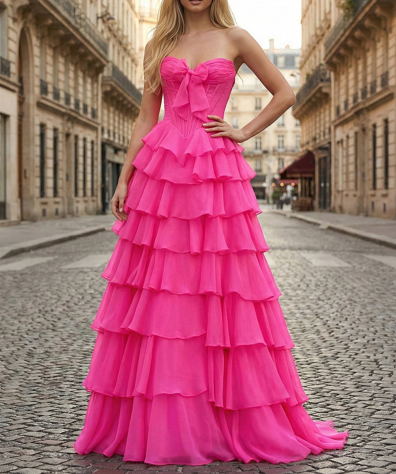 Hot Pink Strapless Tiered Ruffle Corset Prom Dress with Slit
