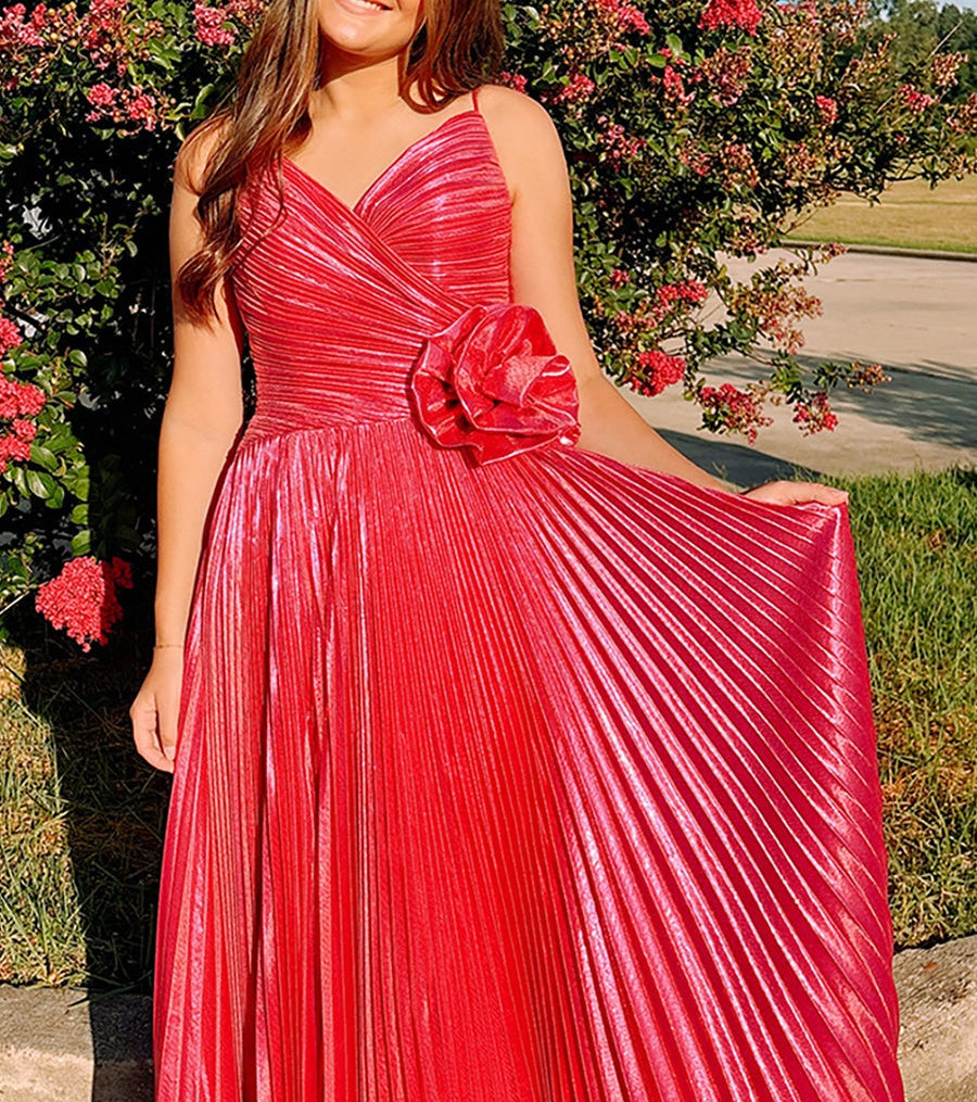 Fuchsia Metallic Pleated Long Prom Dress with Rosette