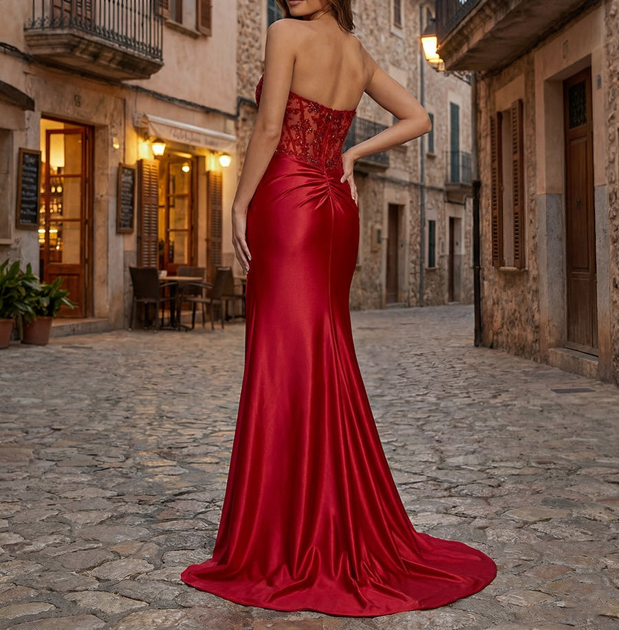 Red Strapless Beaded Lace Corset Satin Long Prom Dress with Slit