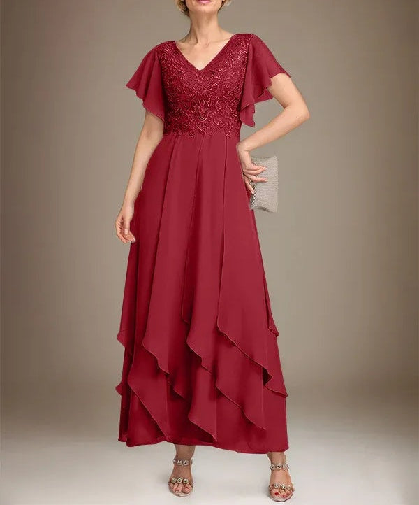 A-line V-Neck Ankle-Length Lace Chiffon Mother of the Bride Dress With Cascading Ruffles