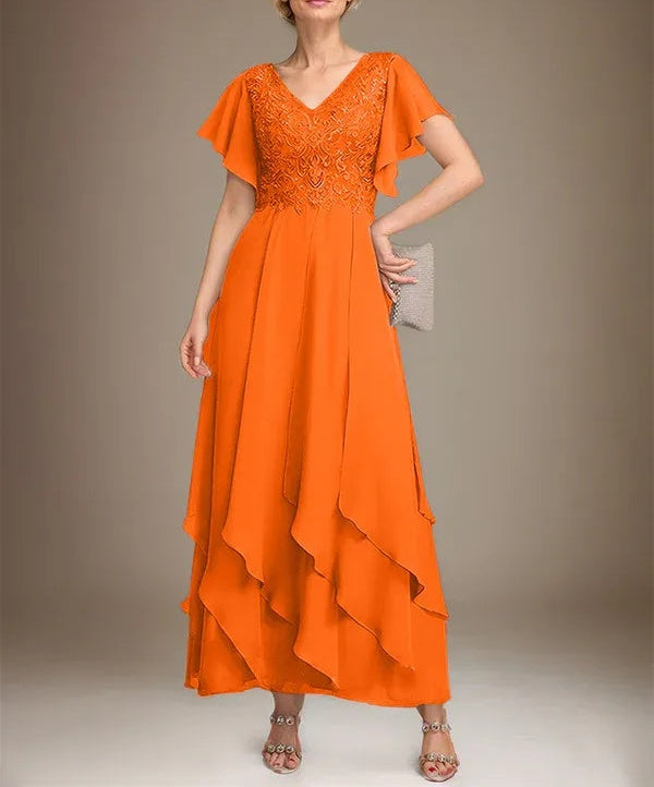 A-line V-Neck Ankle-Length Lace Chiffon Mother of the Bride Dress With Cascading Ruffles