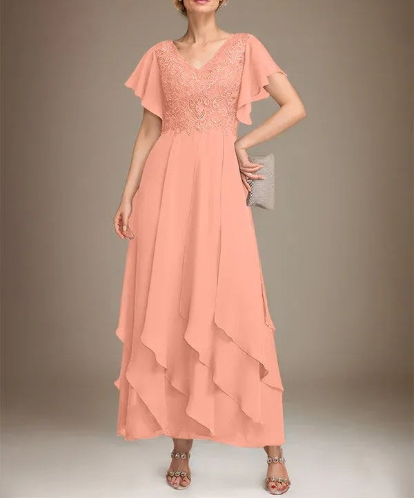 A-line V-Neck Ankle-Length Lace Chiffon Mother of the Bride Dress With Cascading Ruffles