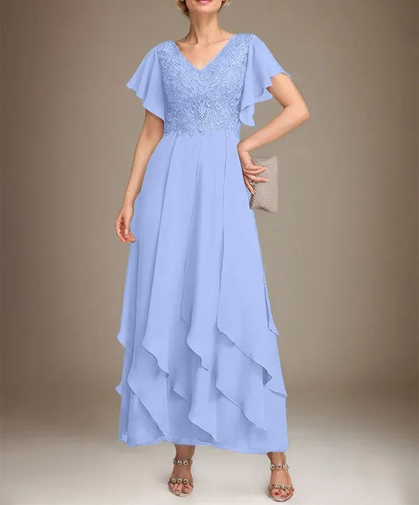 A-line V-Neck Ankle-Length Lace Chiffon Mother of the Bride Dress With Cascading Ruffles