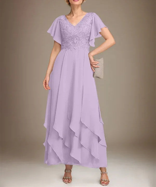 A-line V-Neck Ankle-Length Lace Chiffon Mother of the Bride Dress With Cascading Ruffles