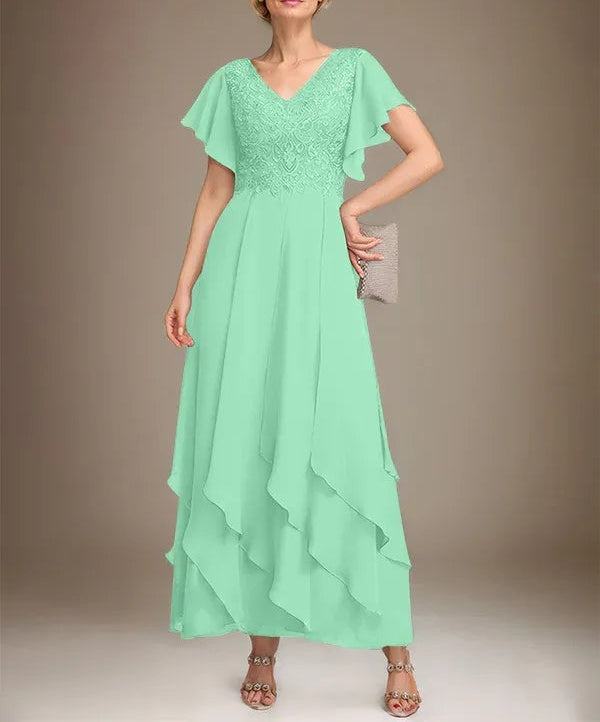 A-line V-Neck Ankle-Length Lace Chiffon Mother of the Bride Dress With Cascading Ruffles
