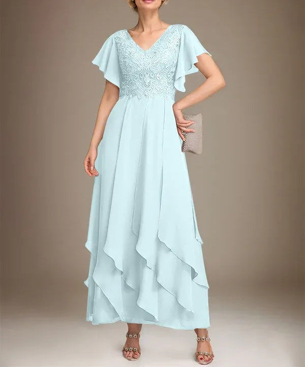A-line V-Neck Ankle-Length Lace Chiffon Mother of the Bride Dress With Cascading Ruffles
