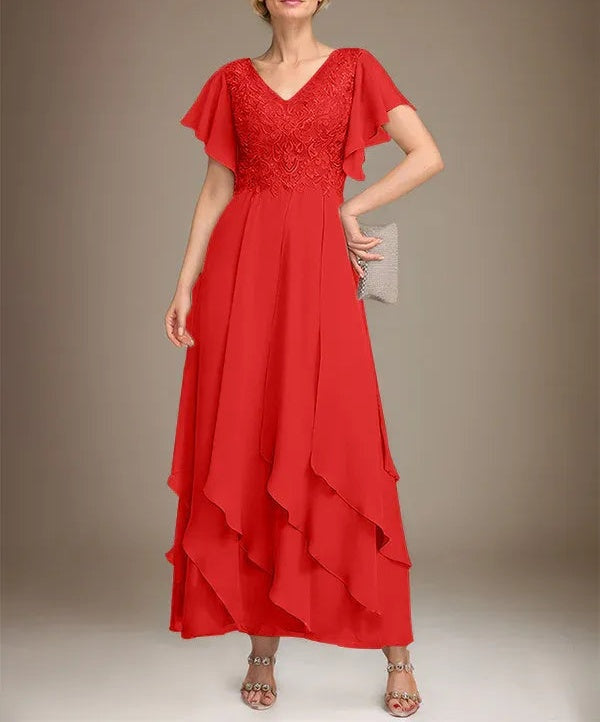 A-line V-Neck Ankle-Length Lace Chiffon Mother of the Bride Dress With Cascading Ruffles