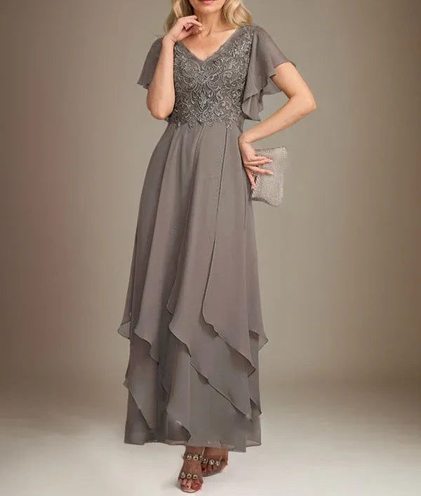 A-line V-Neck Ankle-Length Lace Chiffon Mother of the Bride Dress With Cascading Ruffles