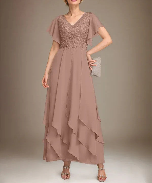 A-line V-Neck Ankle-Length Lace Chiffon Mother of the Bride Dress With Cascading Ruffles