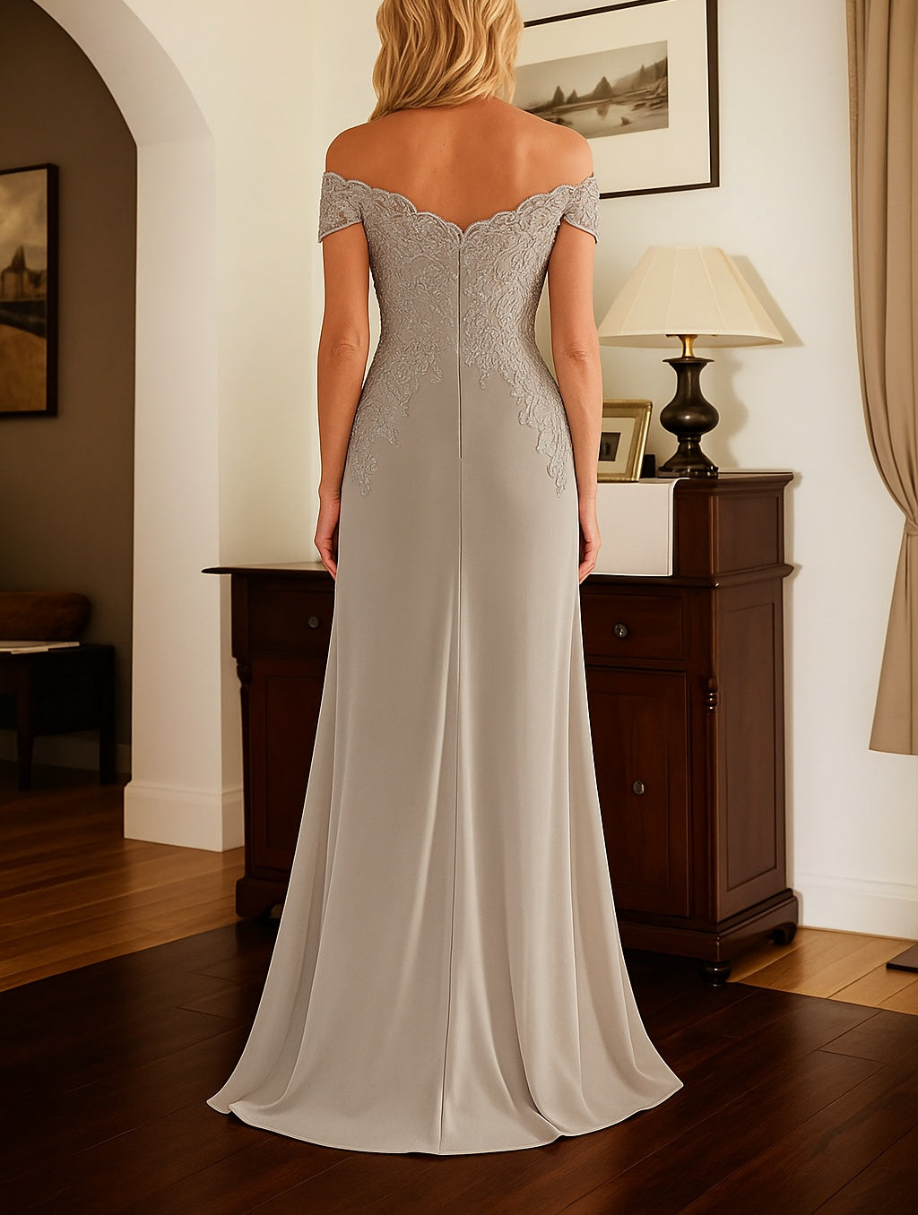 Elegant Taupe Off The Shoulder Sheath Mother of the Bride Dress with Lace