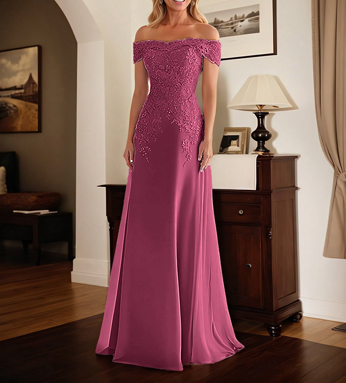 Elegant Taupe Off The Shoulder Sheath Mother of the Bride Dress with Lace