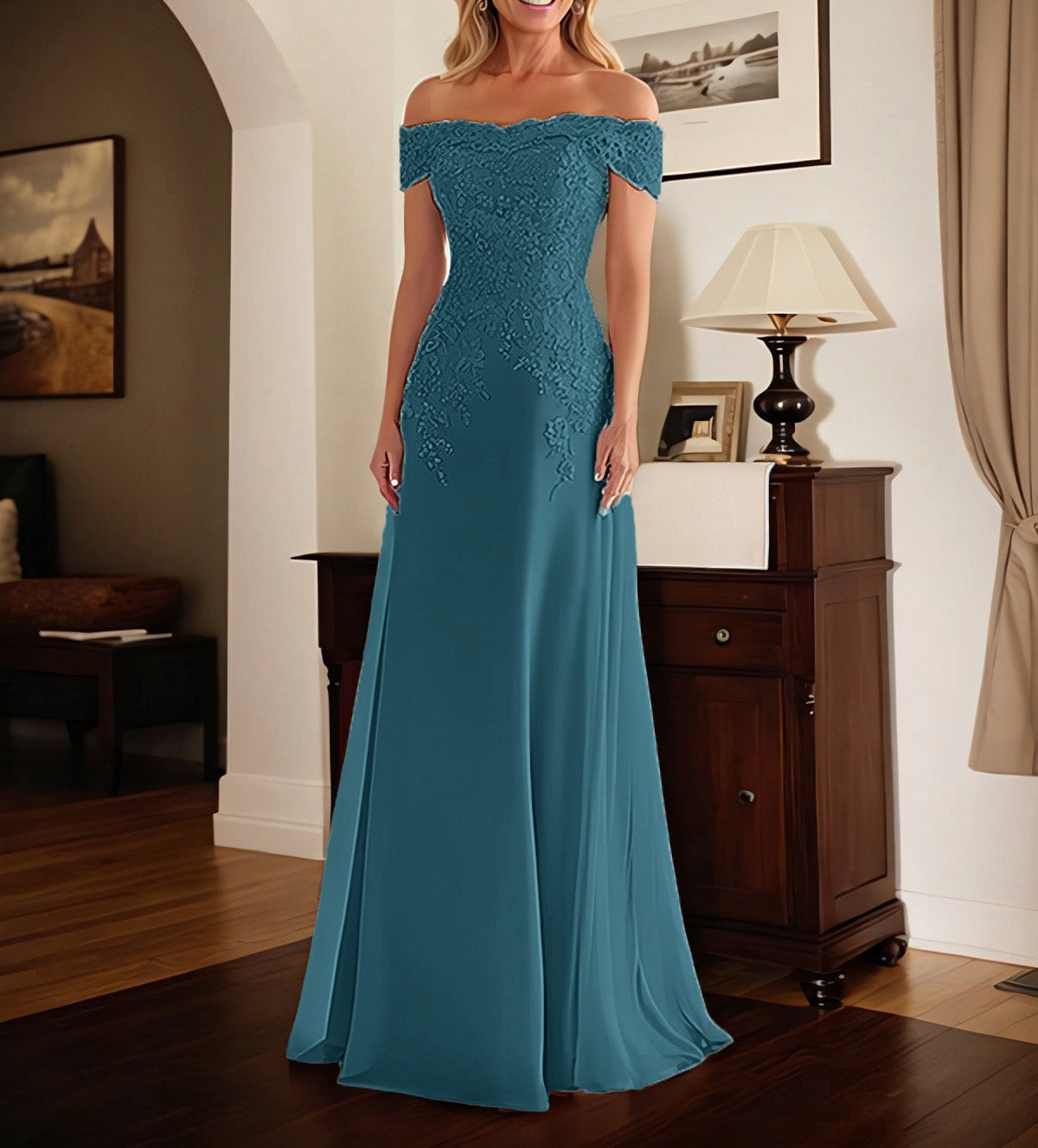 Elegant Taupe Off The Shoulder Sheath Mother of the Bride Dress with Lace