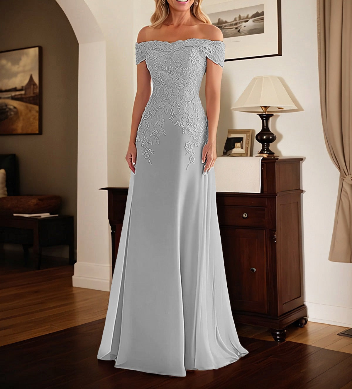 Elegant Taupe Off The Shoulder Sheath Mother of the Bride Dress with Lace