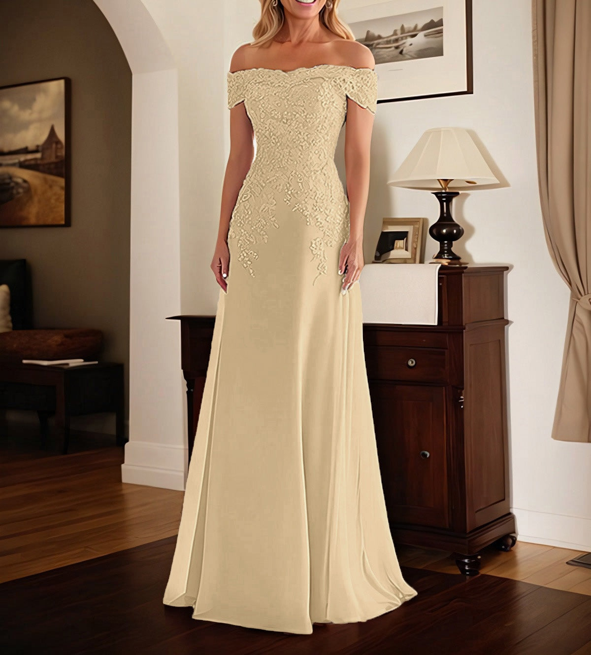 Elegant Taupe Off The Shoulder Sheath Mother of the Bride Dress with Lace