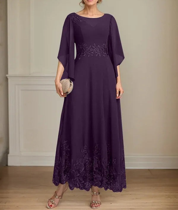 A-line Scoop Illusion Ankle-Length Lace Chiffon Mother of the Bride Dress With Sequins